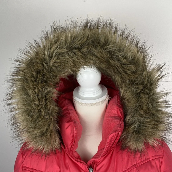 Lands End Puffer Pink Faux Fur Removable Hood Winter Jacket - Picture 4 of 16